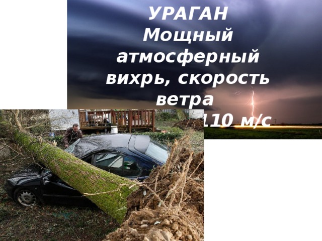 УРАГАН Мощный атмосферный вихрь, скорость ветра от 30 до 110 м/с Ураган 