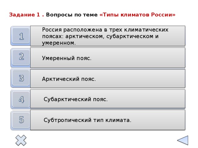 Задание 1 . Вопросы по теме «Типы климатов России» Россия расположена в трех климатических поясах: арктическом, субарктическом и умеренном. Умеренный пояс. Арктический пояс.  Субарктический пояс.  Субтропический тип климата.  