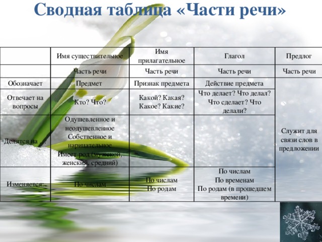 Сводная таблица «Части речи» Имя существительное Имя прилагательное Часть речи Обозначает Предмет Глагол Часть речи Отвечает на вопросы Делятся на … Кто? Что? Признак предмета Часть речи Предлог Одушевленное и неодушевленное Часть речи Какой? Какая? Какое? Какие? Действие предмета Изменяется: Собственное и нарицательное Что делает? Что делал? Что сделает? Что делали? Служит для связи слов в предложении По числам Имеет род (мужской, женский, средний) По числам По родам По числам По временам По родам (в прошедшем времени) 