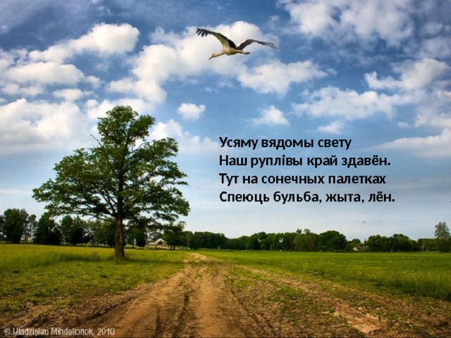 Усяму вядомы свету Наш руплівы край здавён. Тут на сонечных палетках Спеюць бульба, жыта, лён. 