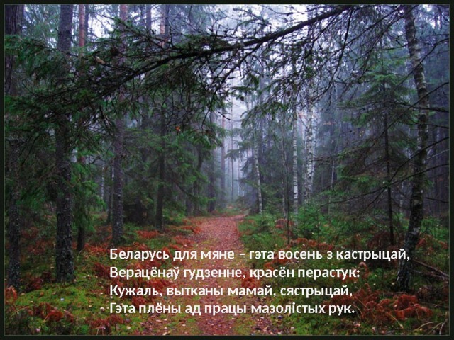 Беларусь для мяне – гэта восень з кастрыцай,  Верацёнаў гудзенне, красён перастук:  Кужаль, вытканы мамай, сястрыцай,  Гэта плёны ад працы мазолістых рук. 