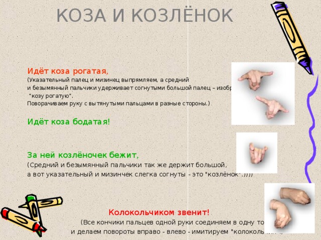 КОЗА И КОЗЛЁНОК Идёт коза рогатая, (Указательный палец и мизинец выпрямляем, а средний и безымянный пальчики удерживает согнутыми большой палец – изображаем  