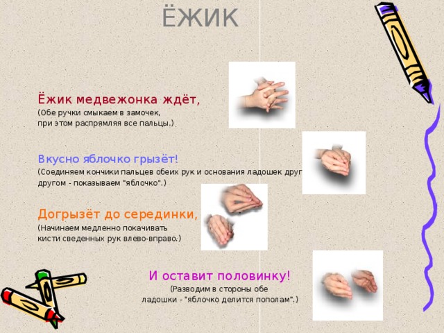 ЁЖИК Ёжик медвежонка ждёт, (Обе ручки смыкаем в замочек, при этом распрямляя все пальцы.) Вкусно яблочко грызёт! (Соединяем кончики пальцев обеих рук и основания ладошек друг с другом - показываем 