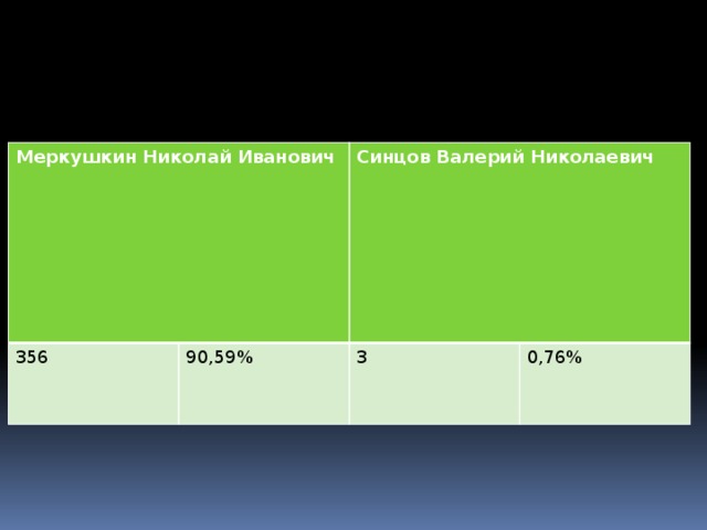 Меркушкин Николай Иванович 356 90,59% Синцов Валерий Николаевич 3 0,76% 