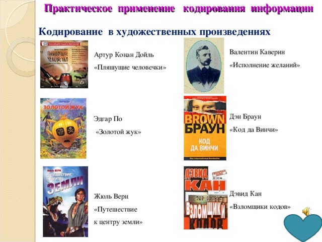 Практическое применение кодирования информации Валентин Каверин «Исполнение желаний» Дэн Браун «Код да Винчи» Дэвид Кан «Взломщики кодов» Кодирование в художественных произведениях Артур Конан Дойль «Пляшущие человечки» Эдгар По  «Золотой жук» Жюль Верн «Путешествие к центру земли» 