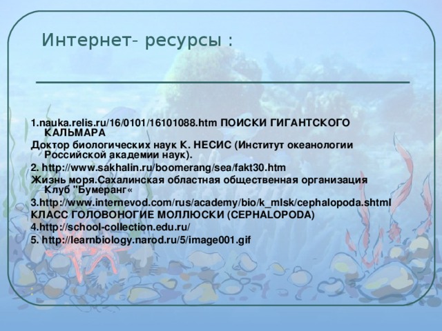 Интернет- ресурсы : 1.nauka.relis.ru/16/0101/16101088.htm  ПОИСКИ ГИГАНТСКОГО КАЛЬМАРА Доктор биологических наук К. НЕСИС (Институт океанологии Российской академии наук). 2. http://www.sakhalin.ru/boomerang/sea/fakt30.htm Жизнь моря.Сахалинская областная общественная организация Клуб 
