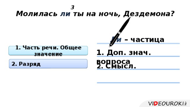 3 Молилась ли ты на ночь, Дездемона? Ли – частица 1. Доп. знач. вопроса 1. Часть речи. Общее значение 2. Разряд 2.  Смысл. 