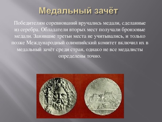 Победителям соревнований вручались медали, сделанные из серебра. Обладатели вторых мест получали бронзовые медали. Занявшие третьи места не учитывались, и только позже Международный олимпийский комитет включил их в медальный зачёт среди стран, однако не все медалисты определены точно. 