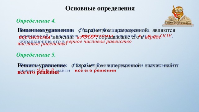 Основные определения Определение 4. Решением уравнения   с параметром и переменной являются все системы значений из ООУ , обращающие его в верное числовое равенство   Определение 5. Решить уравнение   с параметром и переменной значит  найти все его решения   