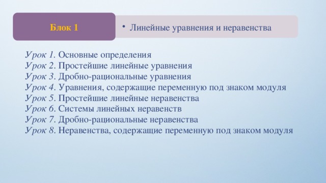 Блок 1 Линейные уравнения и неравенства Линейные уравнения и неравенства Урок 1. Основные определения Урок 2 . Простейшие линейные уравнения Урок 3 . Дробно-рациональные уравнения Урок 4 . Уравнения, содержащие переменную под знаком модуля Урок 5 . Простейшие линейные неравенства Урок 6 . Системы линейных неравенств Урок 7 . Дробно-рациональные неравенства Урок 8 . Неравенства, содержащие переменную под знаком модуля 