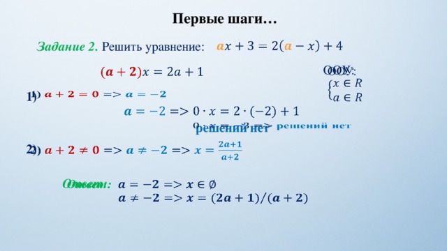 Первые шаги… Задание 2. Решить уравнение:   ООУ:       1)     решений нет   2)      Ответ:   