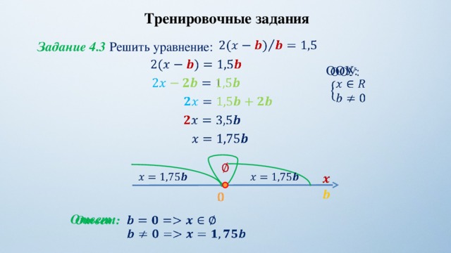 Тренировочные задания   Задание 4.3 Решить уравнение:    ООУ:                             Ответ:   