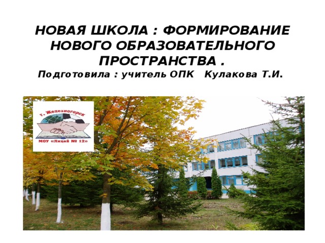 НОВАЯ ШКОЛА : ФОРМИРОВАНИЕ НОВОГО ОБРАЗОВАТЕЛЬНОГО ПРОСТРАНСТВА .  Подготовила : учитель ОПК Кулакова Т.И. 