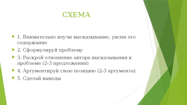 СХЕМА 1. Внимательно изучи высказывание, уясни его содержание 2. Сформулируй проблему 3. Раскрой отношение автора высказывания к проблеме (2-3 предложения) 4. Аргументируй свою позицию (2-3 аргумента) 5. Сделай выводы 