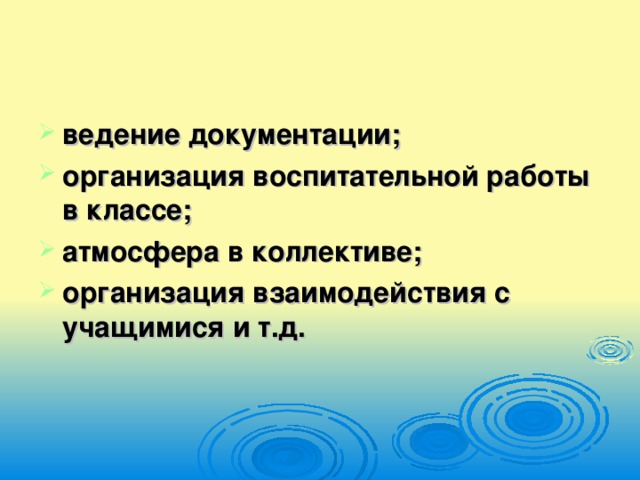 ведение документации; организация воспитательной работы в классе; атмосфера в коллективе; организация взаимодействия с учащимися и т.д.