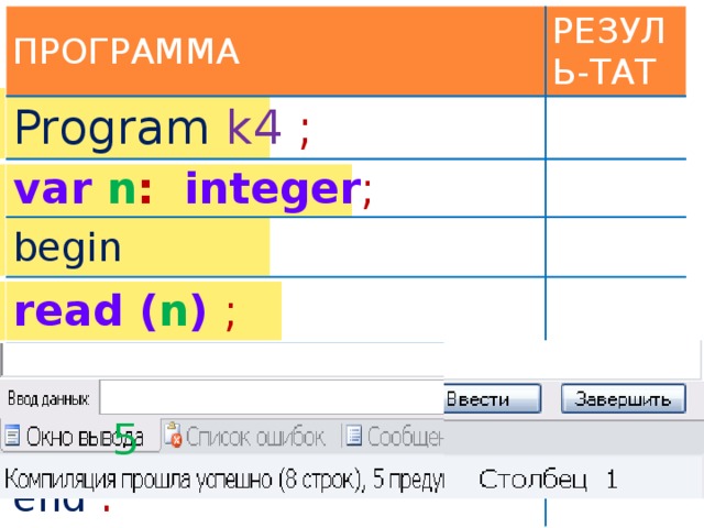 Определить тип переменной k := 5 k := 5.0 integer k := –5 real k := 6 * 3 integer k := 6/2 integer real k := 6.2 * 3 k := 8.2 / 4 real k  := ‘ Да ‘ real string 