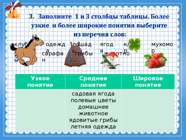 ягода клубника одежда лошадь клевер мухомор сарафан грибы животное цветы Узкое понятие Среднее понятие садовая ягода полевые цветы домашнее животное ядовитые грибы летняя одежда Широкое понятие
