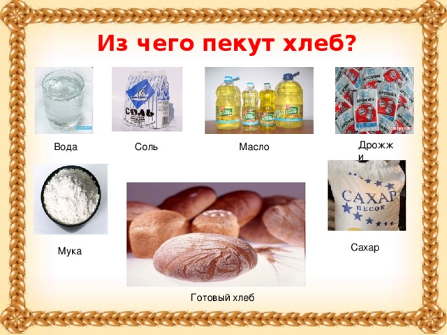 Из чего пекут хлеб? Дрожжи Вода Соль Масло Сахар Мука Готовый хлеб