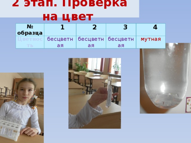 2 этап. Проверка на цвет № образца  1 Цветность  2 бесцветная  3 бесцветная  4 бесцветная мутная