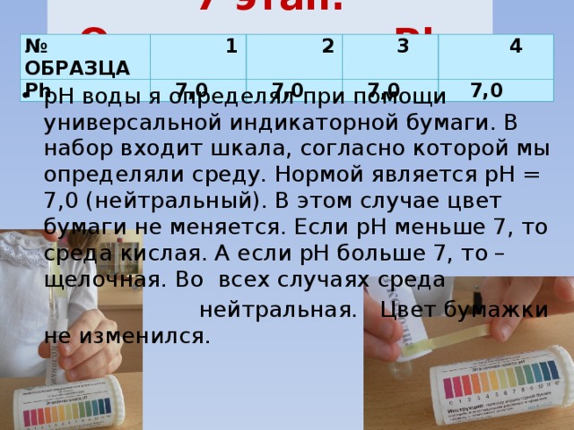 7 этап. Определение Рh № ОБРАЗЦА Ph  1  2  7,0  7,0  3  4  7,0  7,0 pH воды я определял при помощи универсальной индикаторной бумаги. В набор входит шкала, согласно которой мы определяли среду. Нормой является pH = 7,0 (нейтральный). В этом случае цвет бумаги не меняется. Если pH меньше 7, то среда кислая. А если pH больше 7, то – щелочная. Во всех случаях среда  нейтральная. Цвет бумажки не изменился.