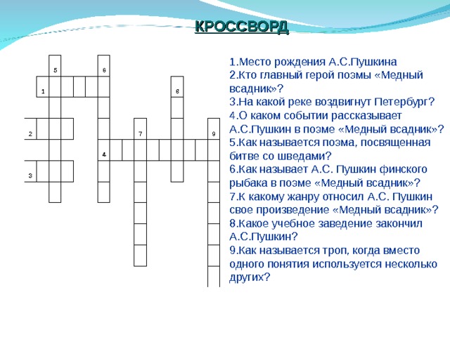 КРОССВОРД 5 1   2           3   6                   4     7       8                       9                   1.Место рождения А.С.Пушкина 2.Кто главный герой поэмы «Медный всадник»? 3.На какой реке воздвигнут Петербург? 4.О каком событии рассказывает А.С.Пушкин в поэме «Медный всадник»? 5.Как называется поэма, посвященная битве со шведами? 6.Как называет А.С. Пушкин финского рыбака в поэме «Медный всадник»? 7.К какому жанру относил А.С. Пушкин свое произведение «Медный всадник»? 8.Какое учебное заведение закончил А.С.Пушкин? 9.Как называется троп, когда вместо одного понятия используется несколько других? 