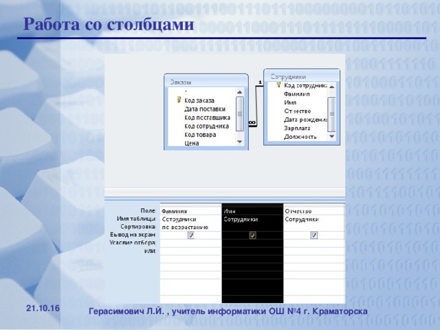 21.10.16 Работа со столбцами 21.10.16 Герасимович Л.Й. , учитель информатики ОШ №4 г. Краматорска Герасимович Л.Й. , учитель информатики ОШ №4 г. Краматорска 