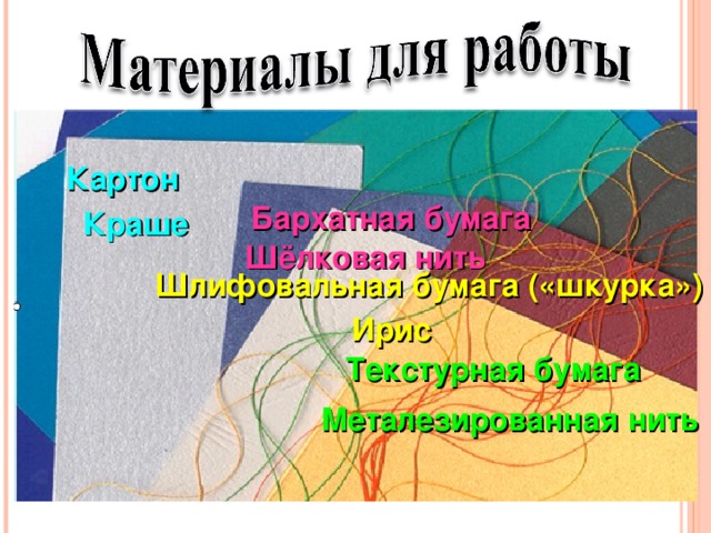 Картон Бархатная бумага Краше Шёлковая нить Шлифовальная бумага («шкурка») Ирис Текстурная бумага Металезированная нить 