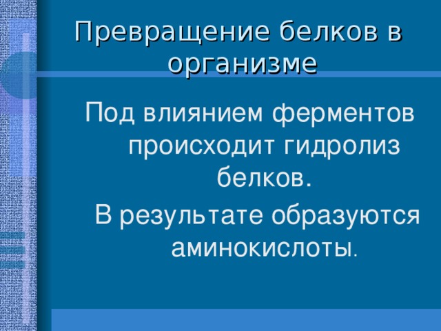 Под влиянием ферментов происходит гидролиз белков.  В результате образуются аминокислоты 