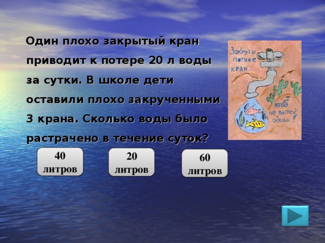  Один плохо закрытый кран приводит к потере 20 л воды за сутки. В школе дети оставили плохо закрученными 3 крана. Сколько воды было растрачено в течение суток? 40 литров 20 литров 60 литров 