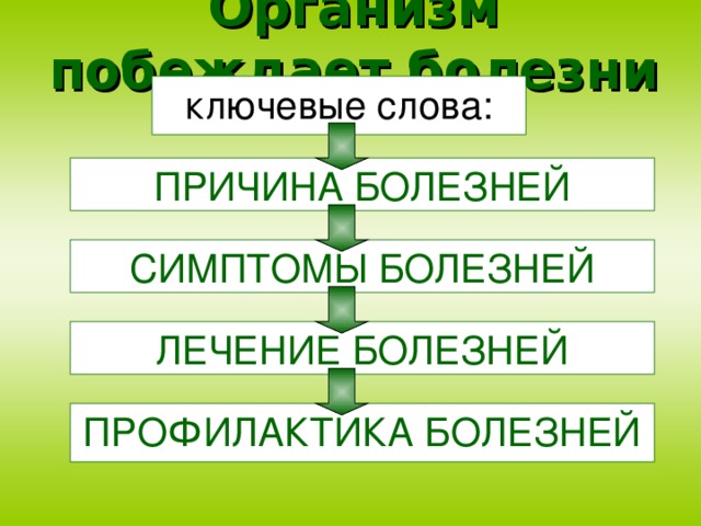 Организм побеждает болезни ключевые слова: ПРИЧИНА БОЛЕЗНЕЙ СИМПТОМЫ БОЛЕЗНЕЙ ЛЕЧЕНИЕ БОЛЕЗНЕЙ ПРОФИЛАКТИКА БОЛЕЗНЕЙ
