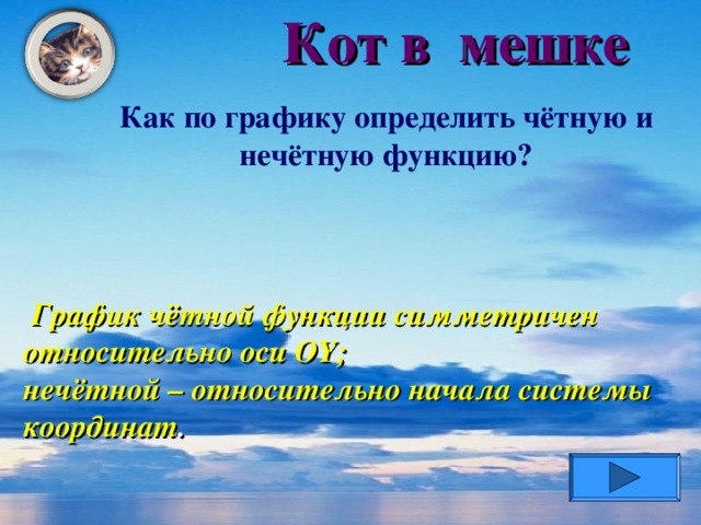 Кот в мешке Как по графику определить чётную и нечётную функцию?  График чётной функции симметричен относительно оси OY ; нечётной – относительно начала системы координат .