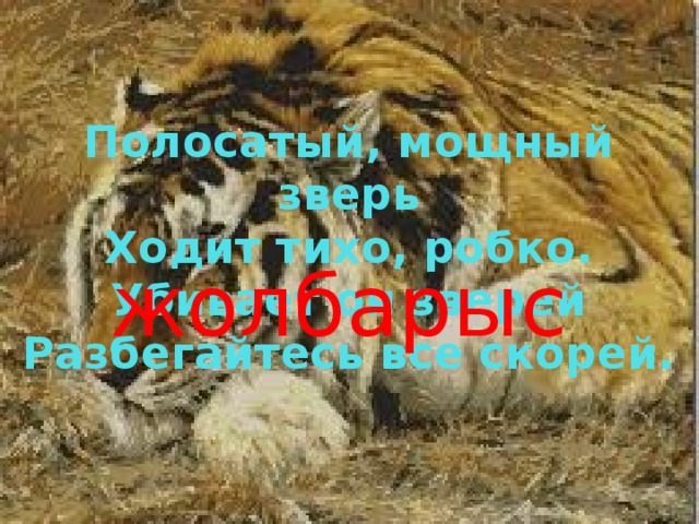 Полосатый, мощный зверь  Ходит тихо, робко.  Убивает он зверей  Разбегайтесь все скорей. жолбарыс