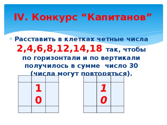 IV. Конкурс “Капитанов” Расставить в клетках четные числа 2,4,6,8,12,14,18 так, чтобы по горизонтали и по вертикали получилось в сумме число 30 (числа могут повторяться). 10 10