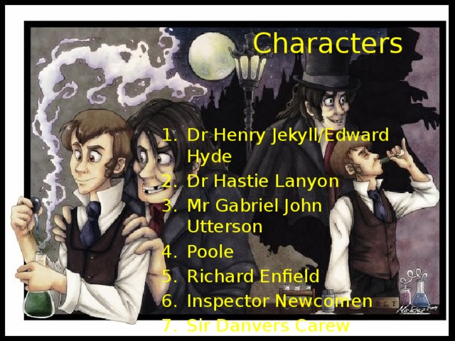 Characters Dr Henry Jekyll/Edward Hyde Dr Hastie Lanyon Mr Gabriel John Utterson Poole Richard Enfield Inspector Newcomen Sir Danvers Carew 
