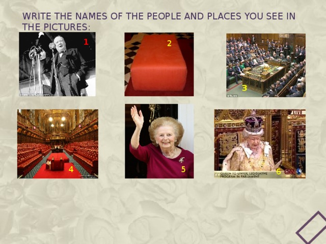 Write the names of the people and places you see in the pictures: 1 2 3 5 4 6 