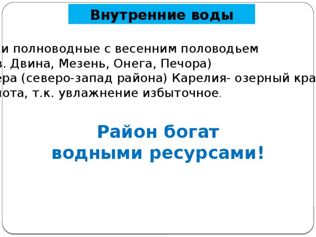 Внутренние воды Реки полноводные с весенним половодьем  ( Сев. Двина, Мезень, Онега, Печора) 2.Озера (северо-запад района) Карелия- озерный край! 3.Болота, т.к. увлажнение избыточное . Район богат водными ресурсами! 