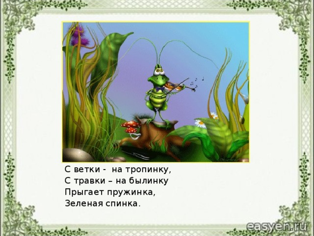С ветки - на тропинку, С травки – на былинку Прыгает пружинка, Зеленая спинка.