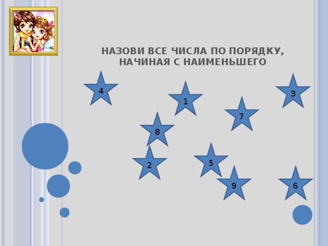 НАЗОВИ ВСЕ ЧИСЛА ПО ПОРЯДКУ, НАЧИНАЯ С НАИМЕНЬШЕГО   4 3 1 7 8 5 2 6 9 