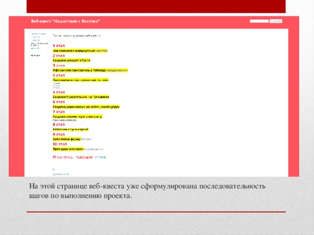 На этой странице веб-квеста уже сформулирована последовательность шагов по выполнению проекта. 
