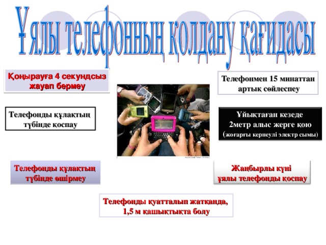 Қоңырауға 4 секундсыз жауап бермеу Телефонмен 15 минаттан  артық сөйлеспеу Телефонды құлақтың түбінде қоспау Ұйықтаған кезеде 2метр алыс жерге қою ( жоғарғы кернеулі электр сымы) Телефонды құлақтың түбінде өшірмеу Жаңбырлы күні ұялы телефонды қоспау Телефонды қуатталып жатқанда, 1,5 м қашықтықта болу 