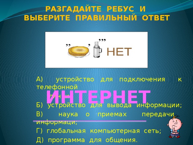 Разгадайте ребус и Выберите правильный ответ А) устройство для подключения к телефонной  линии; Б) устройство для вывода информации; В) наука о приемах передачи информаци; Г) глобальная компьютерная сеть; Д) программа для общения. ИНТЕРНЕТ