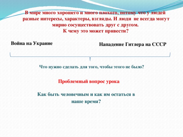  В мире много хорошего и много плохого, потому что у людей разные интересы, характеры, взгляды. И люди не всегда могут мирно сосуществовать друг с другом.  К чему это может привести? Война на Украине Нападение Гитлера на СССР Что нужно сделать для того, чтобы этого не было? Проблемный вопрос урока Как быть человечным и как им остаться в наше время? 