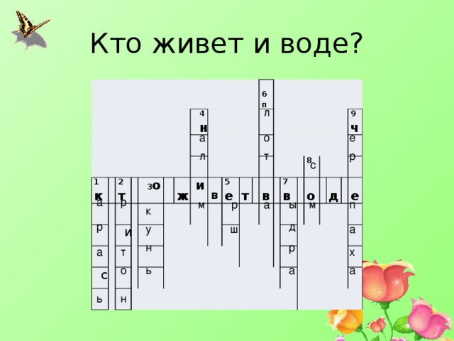 Кто живет и воде?        1 к       2 т           и с 3 о         4 н                                ж  и            6п  в         5 е        т                  в       7 в     8      о   9 ч            д              е             л а е о р т л с а р п ы м р м а к д р у а ш н р х т а а о а ь ь н