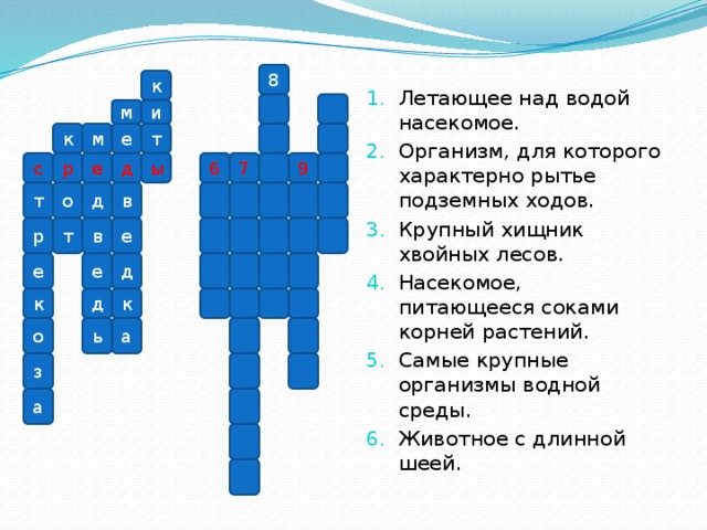 Летающее над водой насекомое. Организм, для которого характерно рытье подземных ходов. Крупный хищник хвойных лесов. Насекомое, питающееся соками корней растений. Самые крупные организмы водной среды. Животное с длинной шеей.