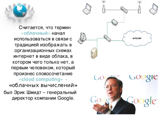  Считается, что термин «облачный» начал использоваться в связи с традицией изображать в организационных схемах интернет в виде облака, в котором чего только нет, а первым человеком, который произнес словосочетание «cloud computing» - «облачных вычислений» был Эрик Шмидт – генеральный директор компании Google. 