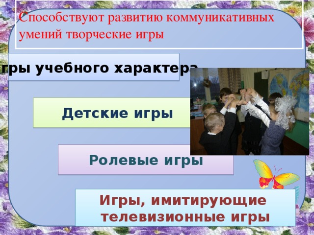 Способствуют развитию коммуникативных умений творческие игры Игры учебного характера Детские игры Ролевые игры Игры, имитирующие телевизионные игры 