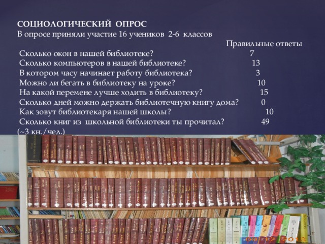 СОЦИОЛОГИЧЕСКИЙ ОПРОС В опросе приняли участие 16 учеников 2-6 классов  Правильные ответы   Сколько окон в нашей библиотеке? 7   Сколько компьютеров в нашей библиотеке? 13   В котором часу начинает работу библиотека? 3   Можно ли бегать в библиотеку на уроке? 10   На какой перемене лучше ходить в библиотеку? 15   Сколько дней можно держать библиотечную книгу дома? 0   Как зовут библиотекаря нашей школы? 10   Сколько книг из школьной библиотеки ты прочитал? 49 (~3 кн./чел.) 