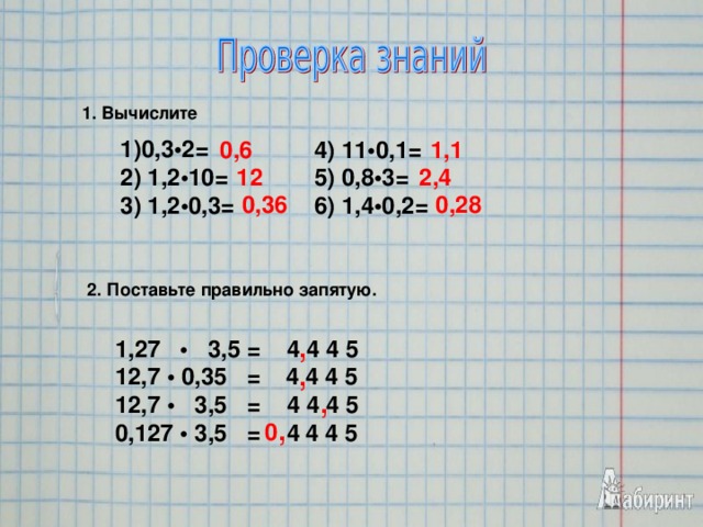 1. Вычислите 1)0,3•2=  2) 1,2•10=     3) 1,2•0,3=      4) 11•0,1=  5) 0,8•3=    6) 1,4•0,2= 0,6 1,1 12 2,4 0,36 0,28 2. Поставьте правильно запятую. , 1,27 • 3,5 = 4 4 4 5 12,7 • 0,35 = 4 4 4 5 12,7 • 3,5 = 4 4 4 5 0,127 • 3,5 = 4 4 4 5 , , 0 ,