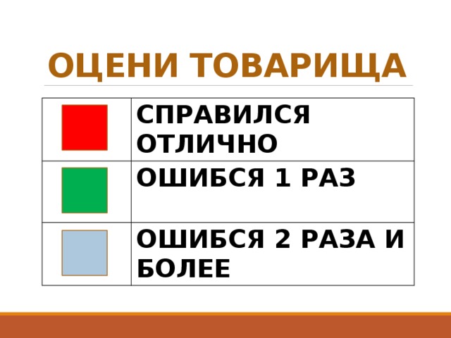 ОЦЕНИ ТОВАРИЩА СПРАВИЛСЯ ОТЛИЧНО ОШИБСЯ 1 РАЗ ОШИБСЯ 2 РАЗА И БОЛЕЕ 