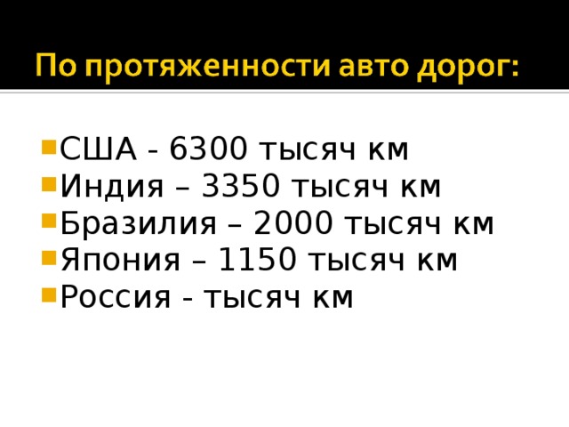 США - 6300 тысяч км Индия – 3350 тысяч км Бразилия – 2000 тысяч км Япония – 1150 тысяч км Россия - тысяч км 